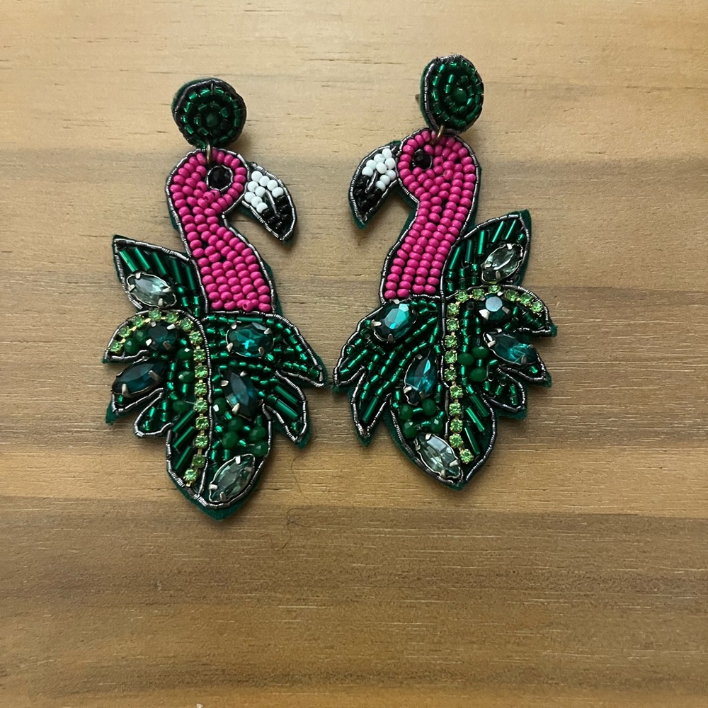 Pink and Green Flamingo Beaded Earrings
